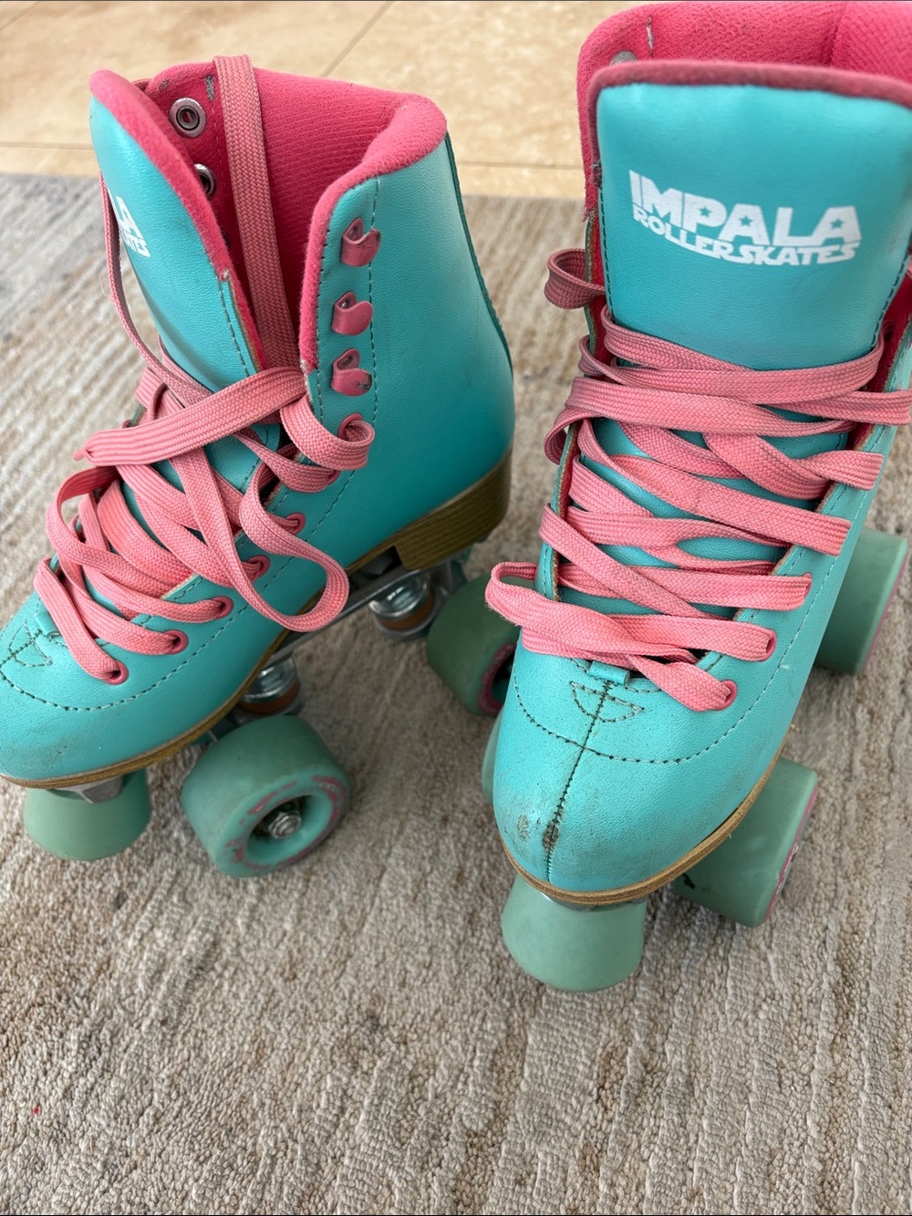 Impala Kids Quad Roller Skates in Teal and Pink size 2